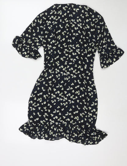 PRETTYLITTLETHING Womens Black Floral Polyester Fit & Flare Size 8 V-Neck Zip