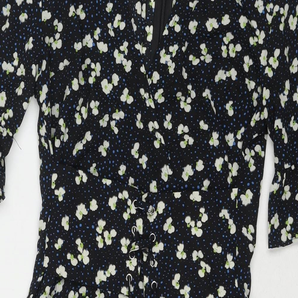 PRETTYLITTLETHING Womens Black Floral Polyester Fit & Flare Size 8 V-Neck Zip