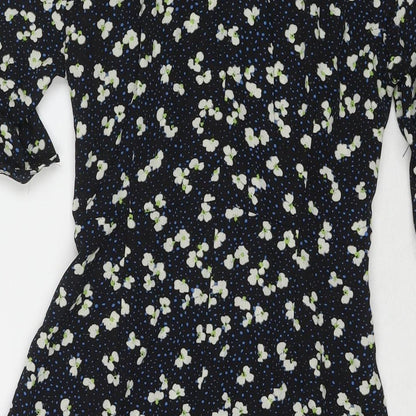 PRETTYLITTLETHING Womens Black Floral Polyester Fit & Flare Size 8 V-Neck Zip