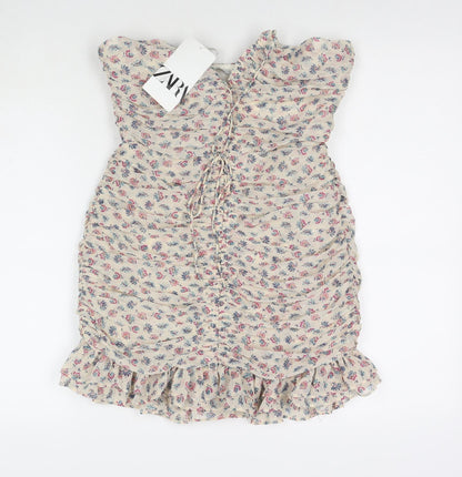 Zara Womens Beige Floral Polyester Bodycon Size S Sweetheart Zip - Strapless