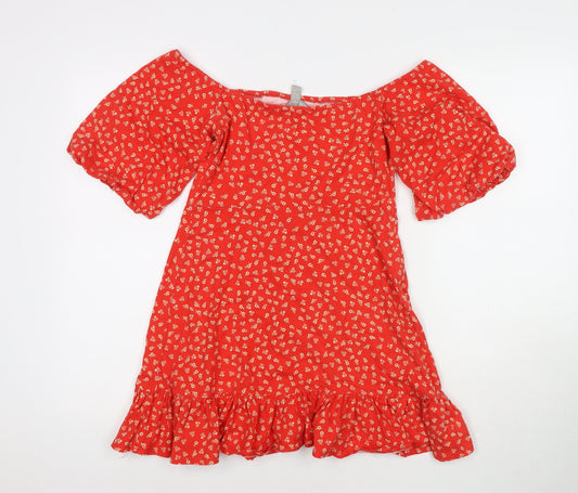 ASOS Womens Red Floral Polyester Blend T-Shirt Dress Size 6 Off the Shoulder Button