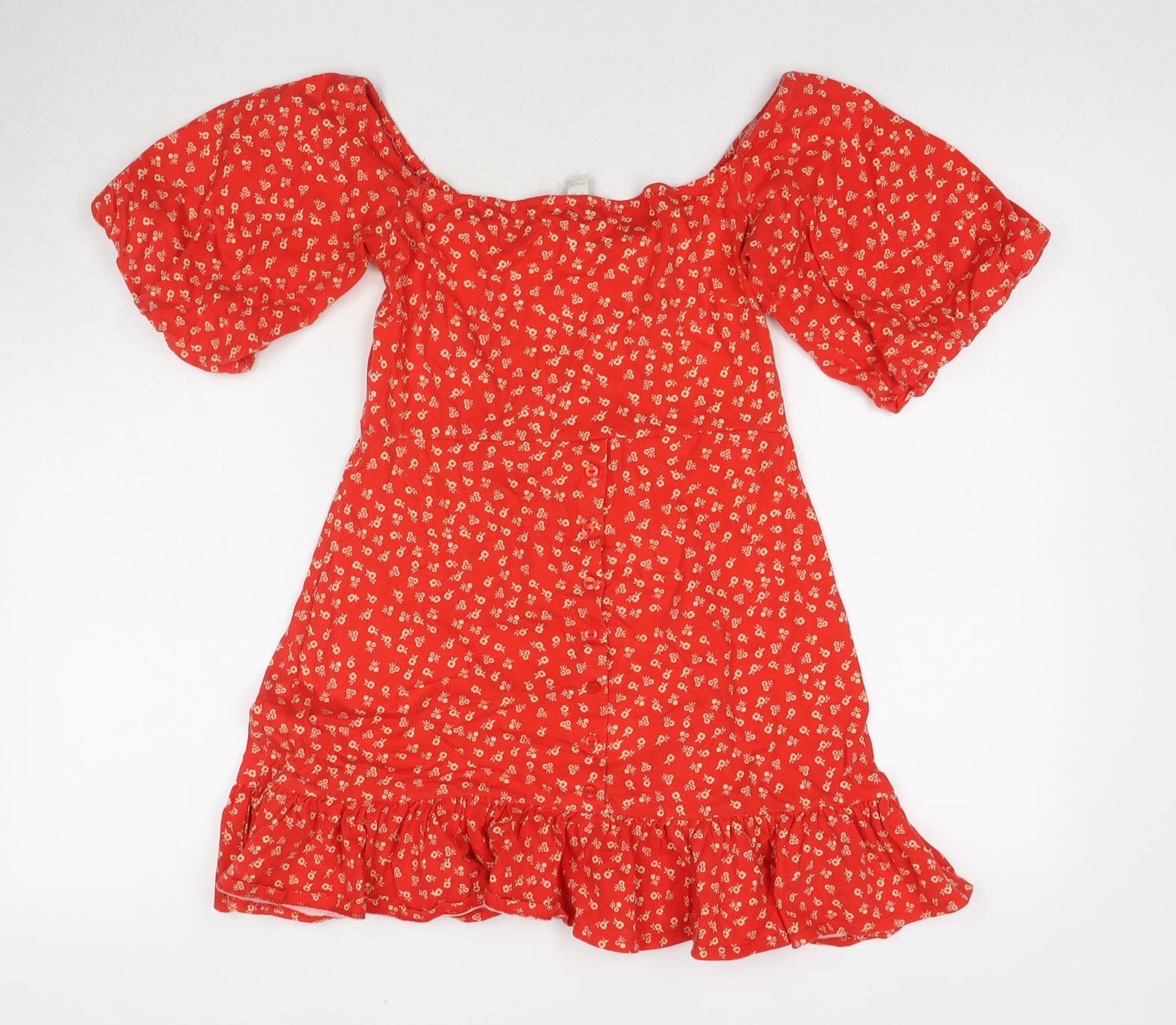 ASOS Womens Red Floral Polyester Blend T-Shirt Dress Size 6 Off the Shoulder Button