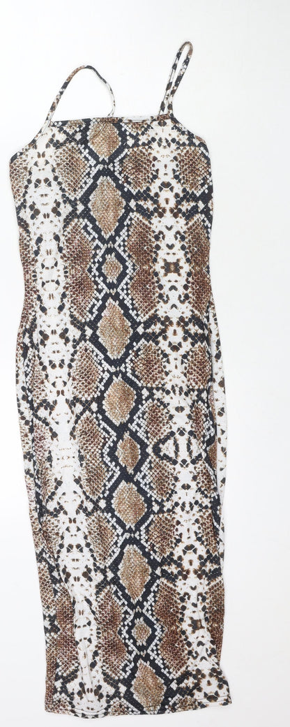 PRETTYLITTLETHING Womens Brown Animal Print Polyester Bodycon Size 8 Square Neck Pullover - Snake Pattern