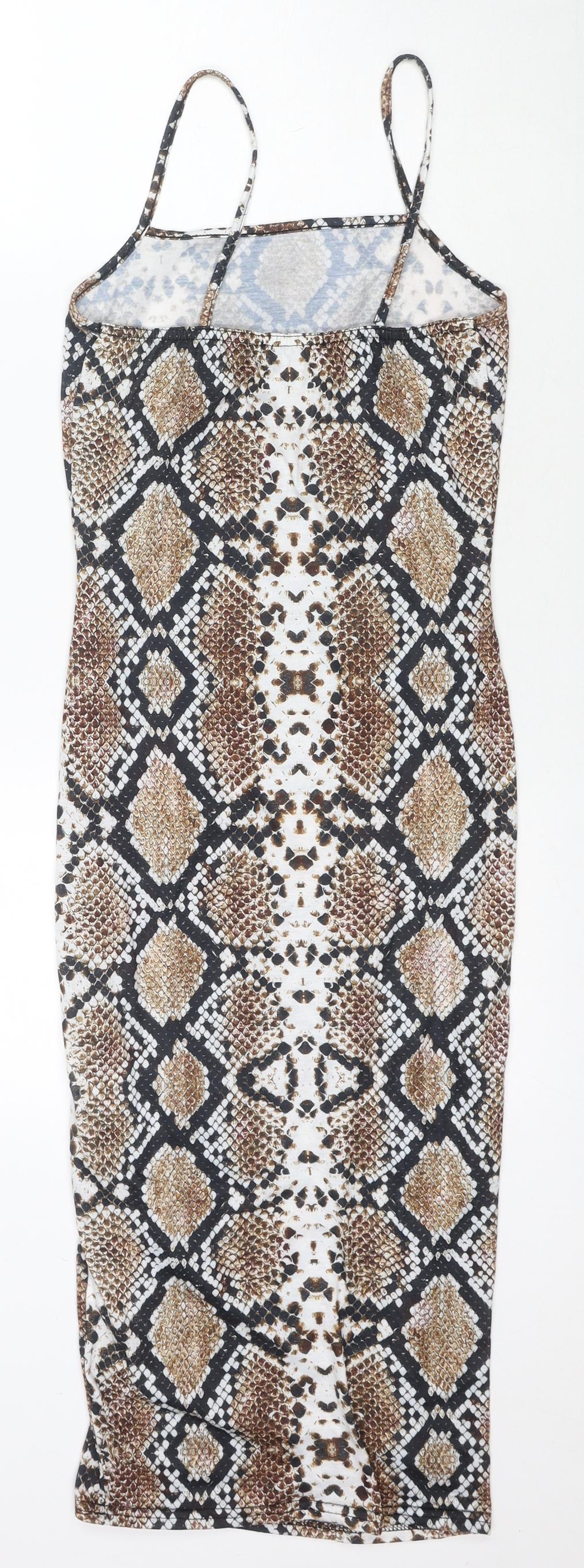 PRETTYLITTLETHING Womens Brown Animal Print Polyester Bodycon Size 8 Square Neck Pullover - Snake Pattern