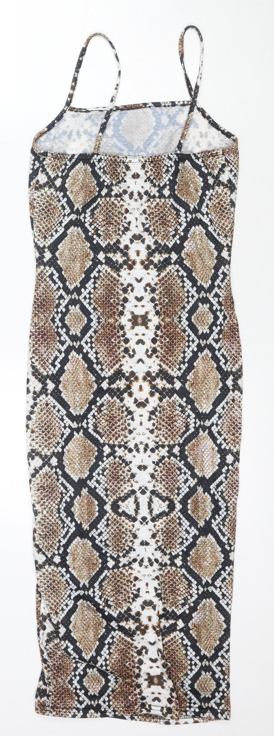 PRETTYLITTLETHING Womens Brown Animal Print Polyester Bodycon Size 8 Square Neck Pullover - Snake Pattern