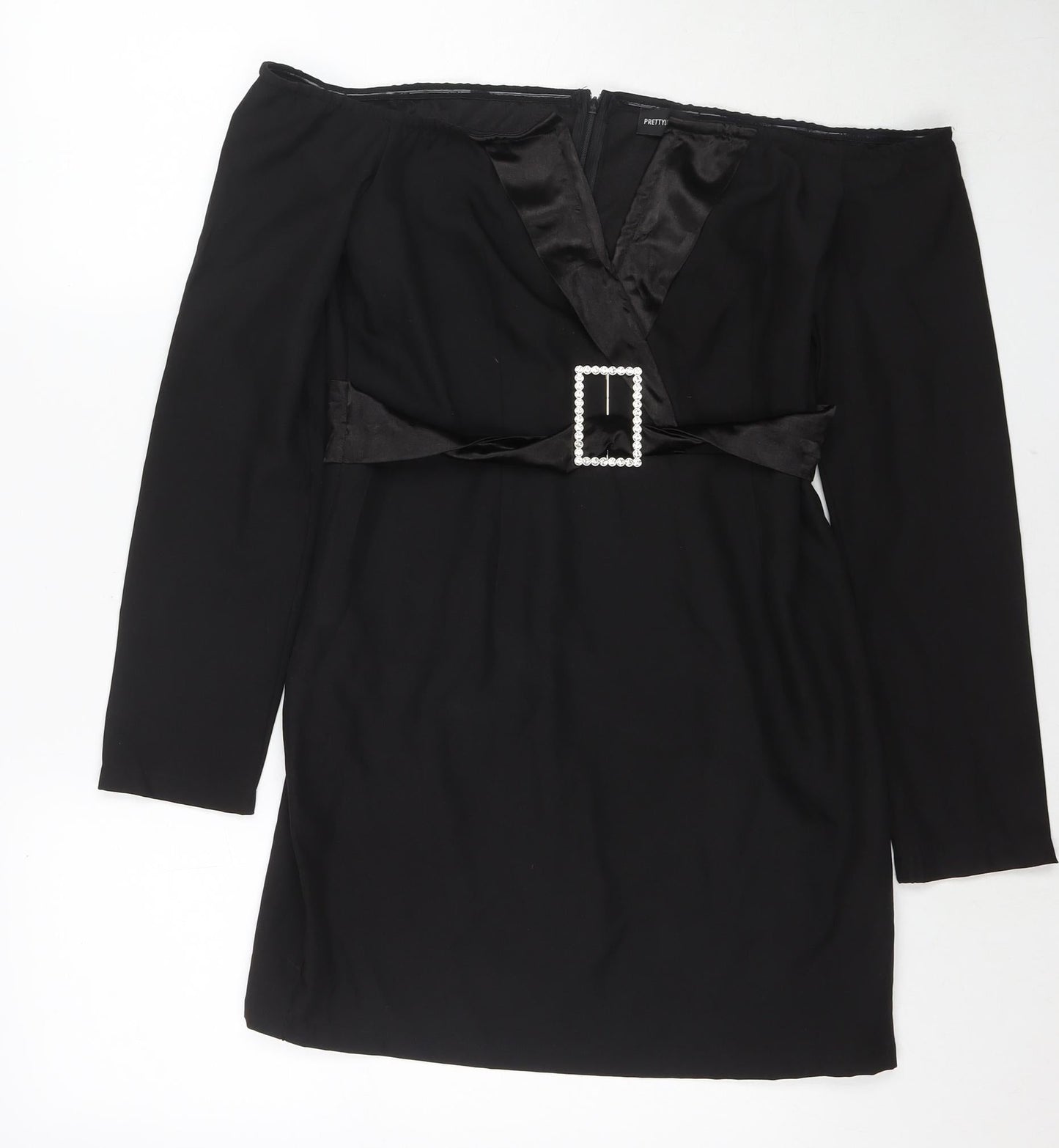 PRETTYLITTLETHING Womens Black Polyester Mini Size 12 Off the Shoulder Zip