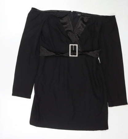 PRETTYLITTLETHING Womens Black Polyester Mini Size 12 Off the Shoulder Zip