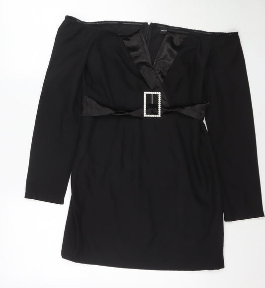 PRETTYLITTLETHING Womens Black Polyester Mini Size 12 Off the Shoulder Zip