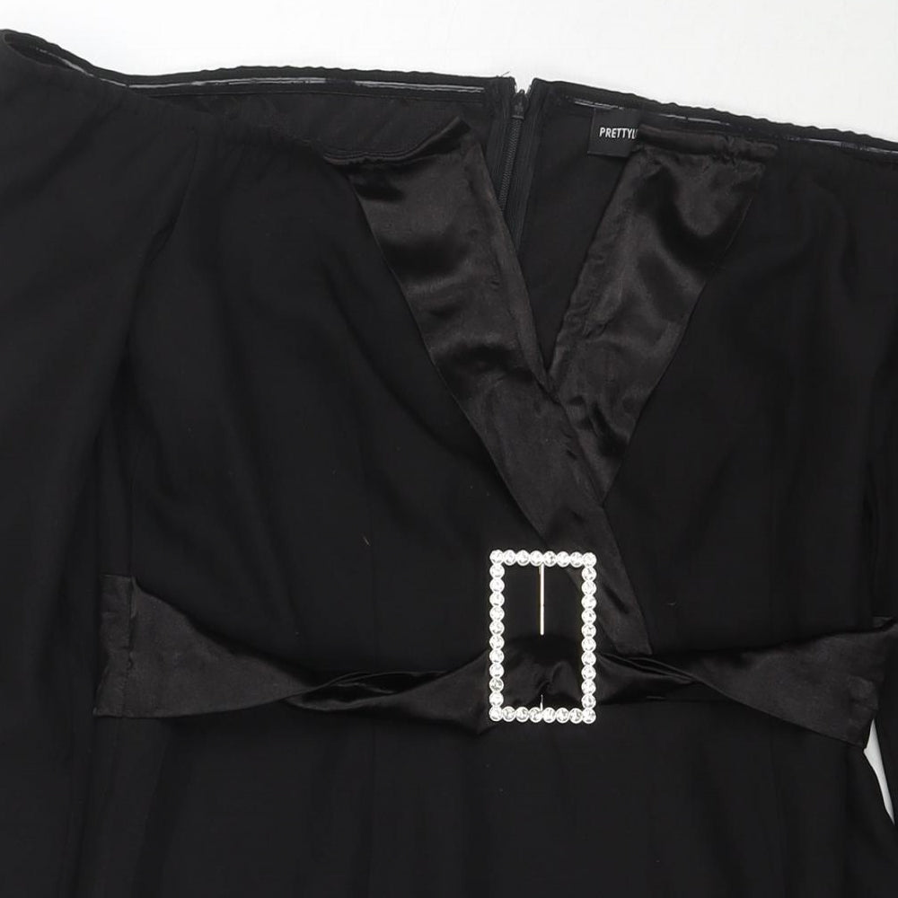 PRETTYLITTLETHING Womens Black Polyester Mini Size 12 Off the Shoulder Zip