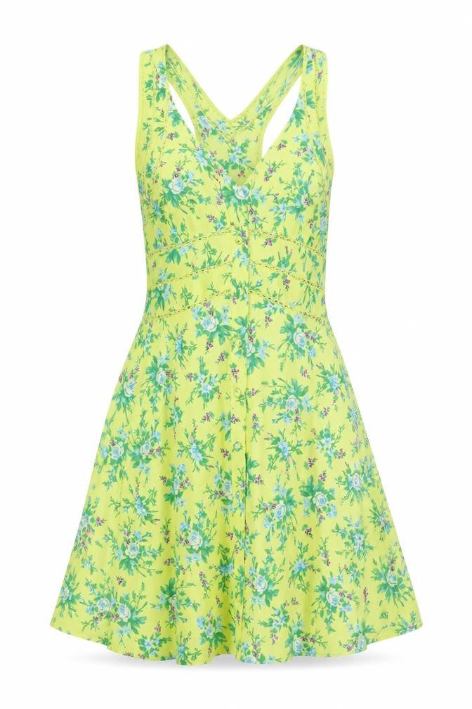 Front view of ASOS women’s green floral polyester tank dress, size UK 6, v-neck button