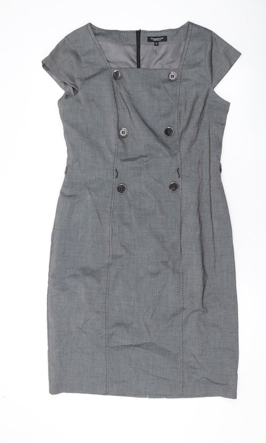 Debenhams Womens Grey Polyester Pencil Dress Size 14 Square Neck Zip