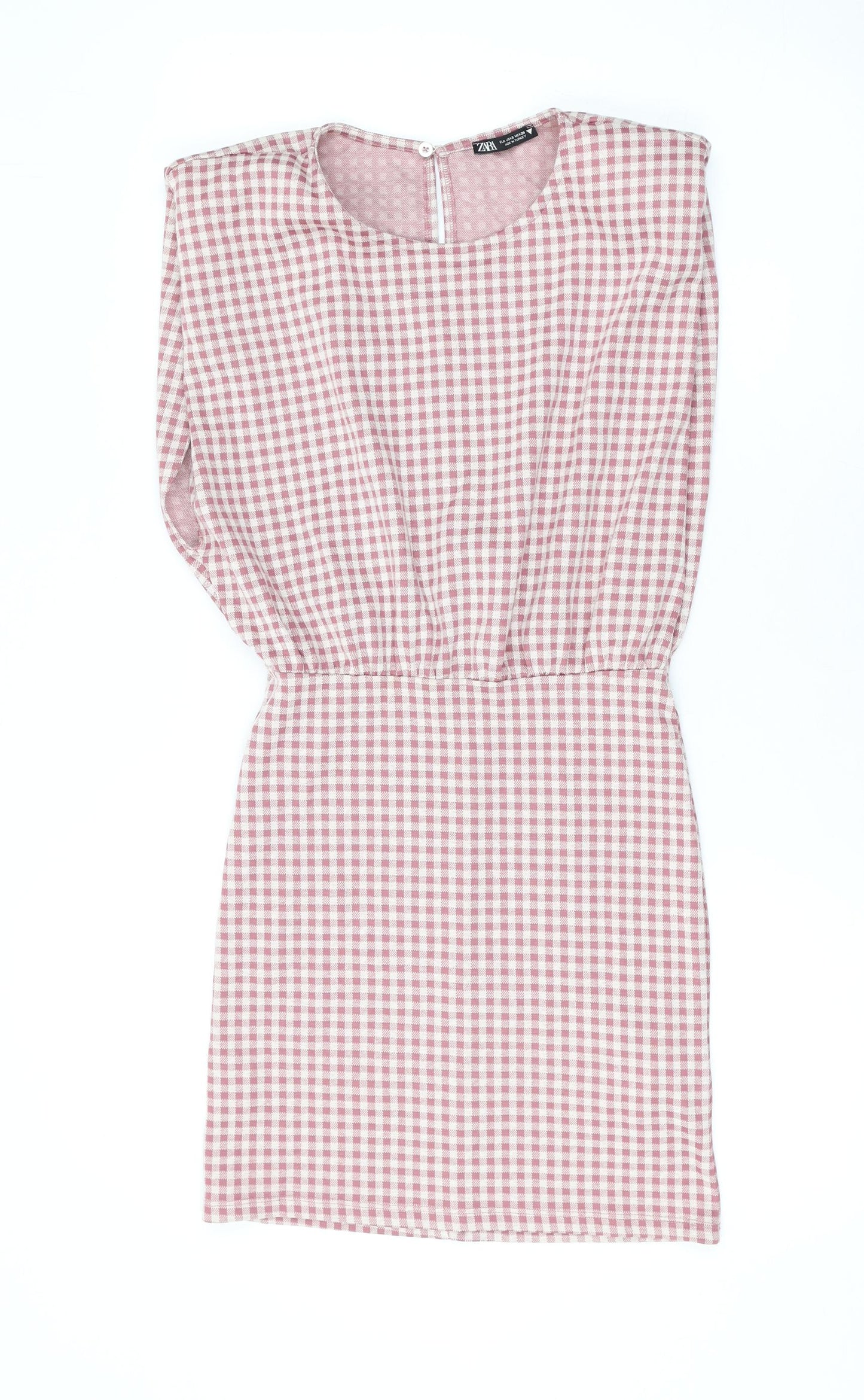 Zara Womens Pink Check Cotton Bodycon Size S Round Neck Button