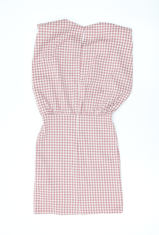Zara Womens Pink Check Cotton Bodycon Size S Round Neck Button