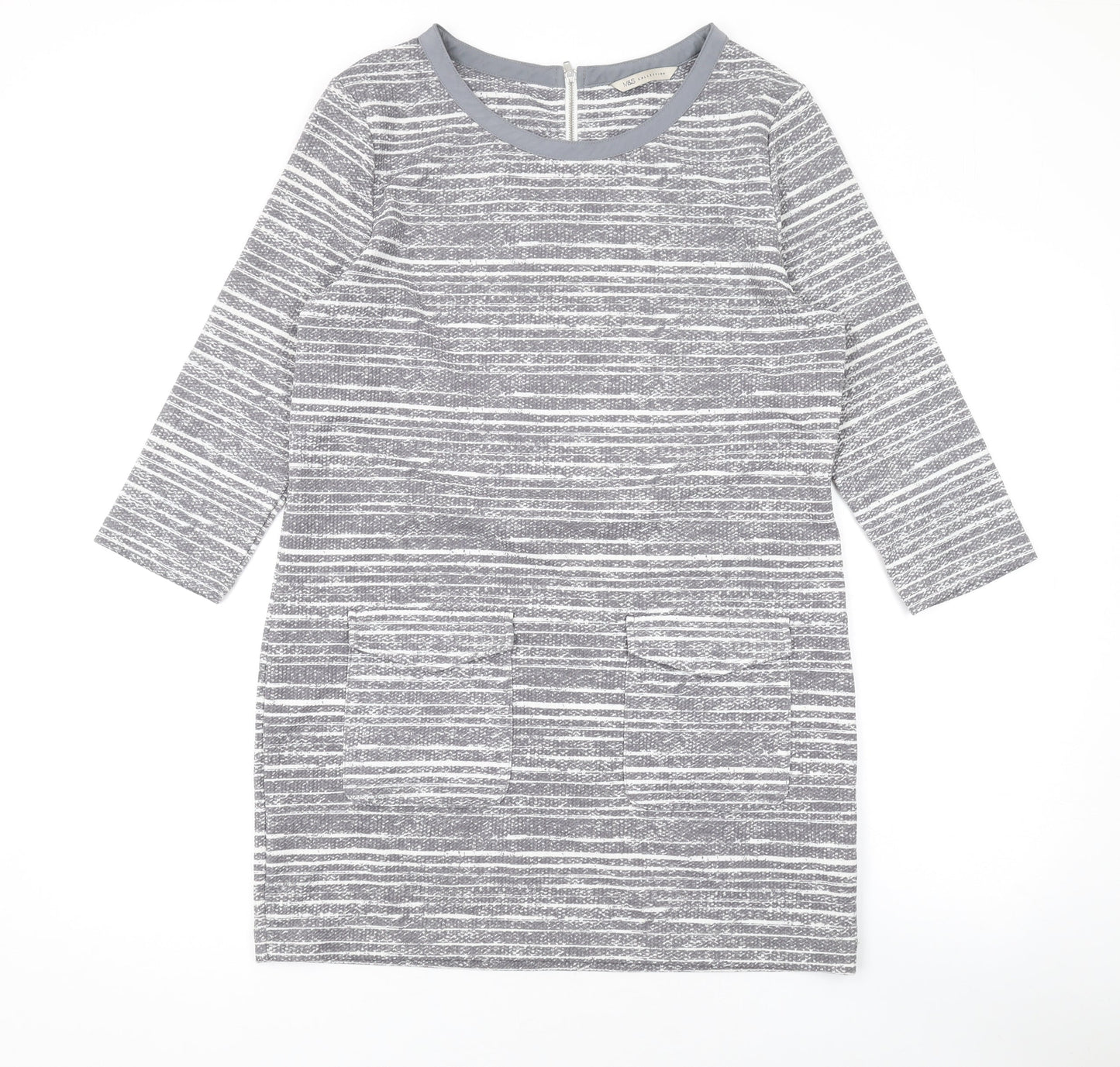Marks and Spencer Womens Grey Striped Polyester Bodycon Size 12 Round Neck Zip