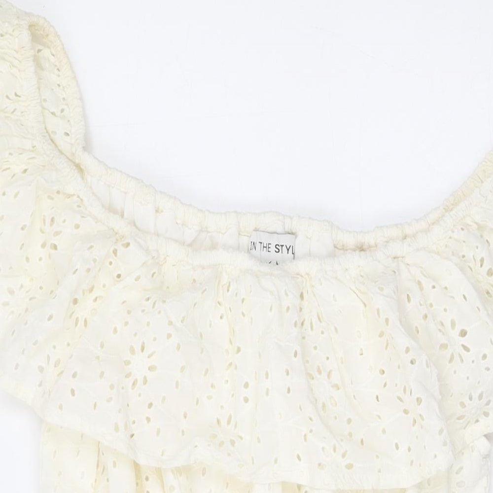 In the Style Womens White Geometric Cotton A-Line Size 12 Off the Shoulder Pullover