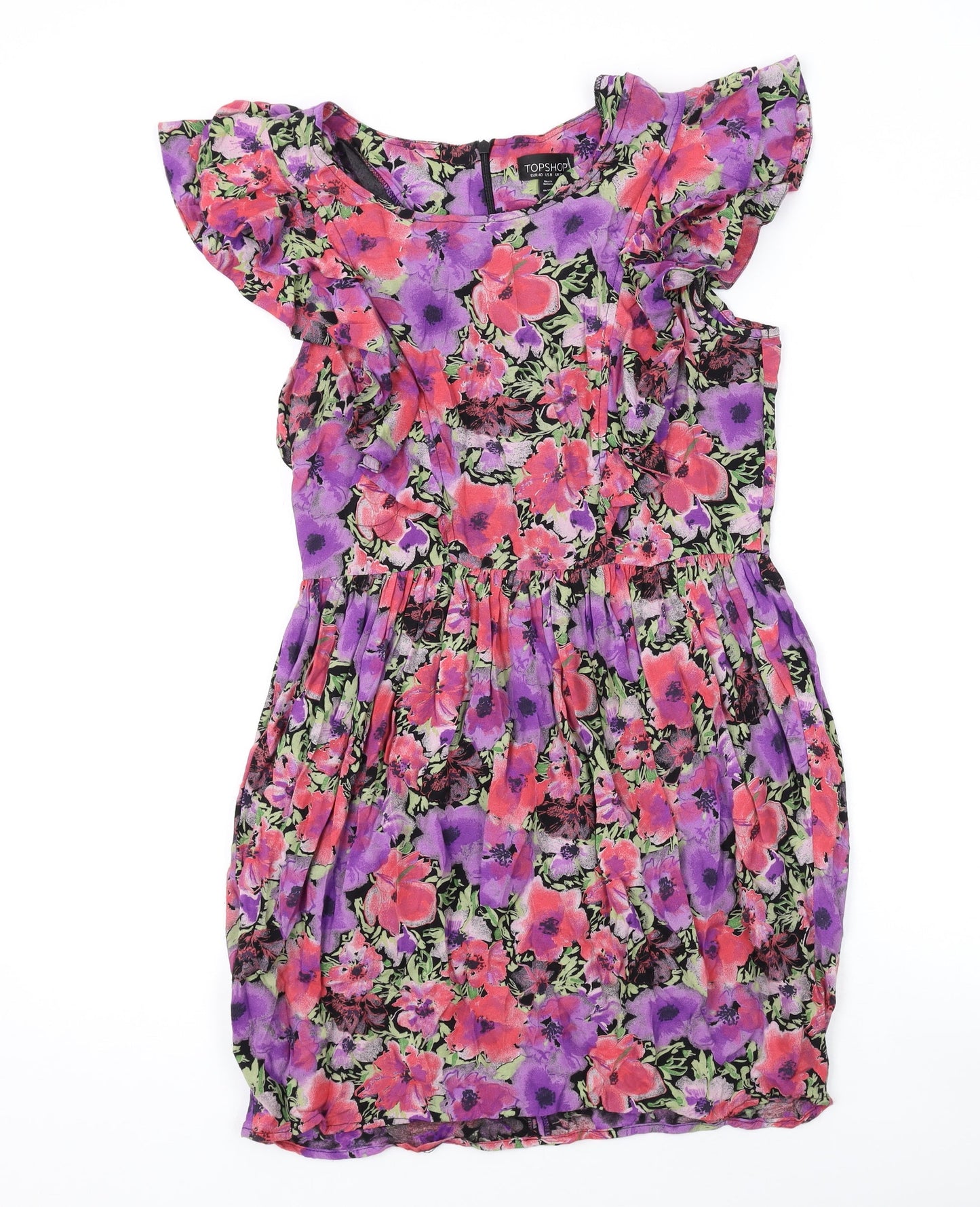 Topshop Womens Pink Floral Viscose A-Line Size 12 Round Neck Zip