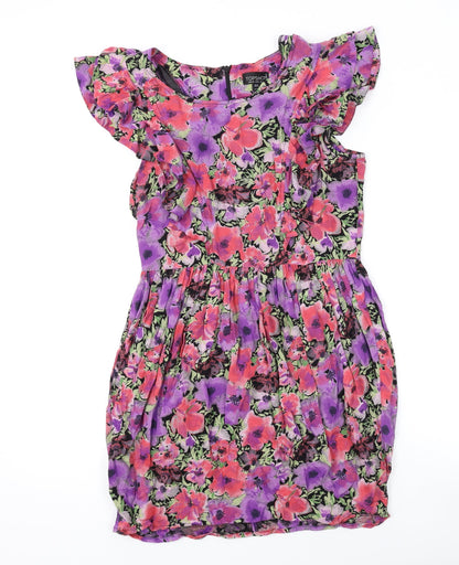 Topshop Womens Pink Floral Viscose A-Line Size 12 Round Neck Zip