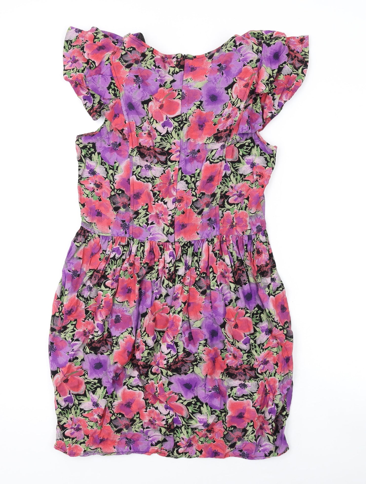 Topshop Womens Pink Floral Viscose A-Line Size 12 Round Neck Zip