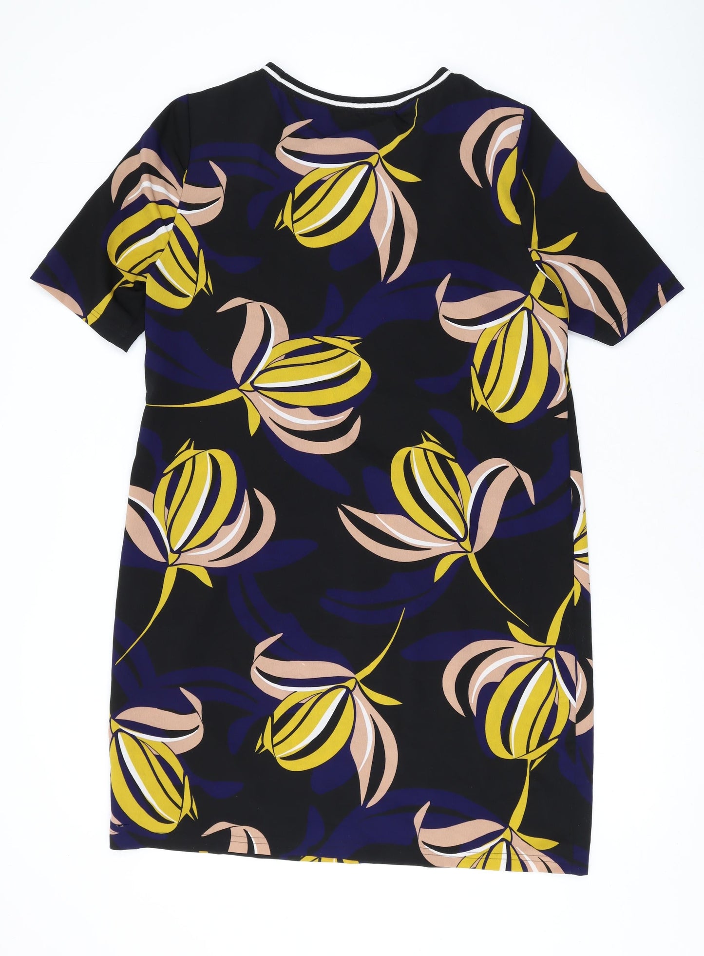 Marks and Spencer Womens Black Geometric Polyester T-Shirt Dress Size 12 Round Neck Pullover