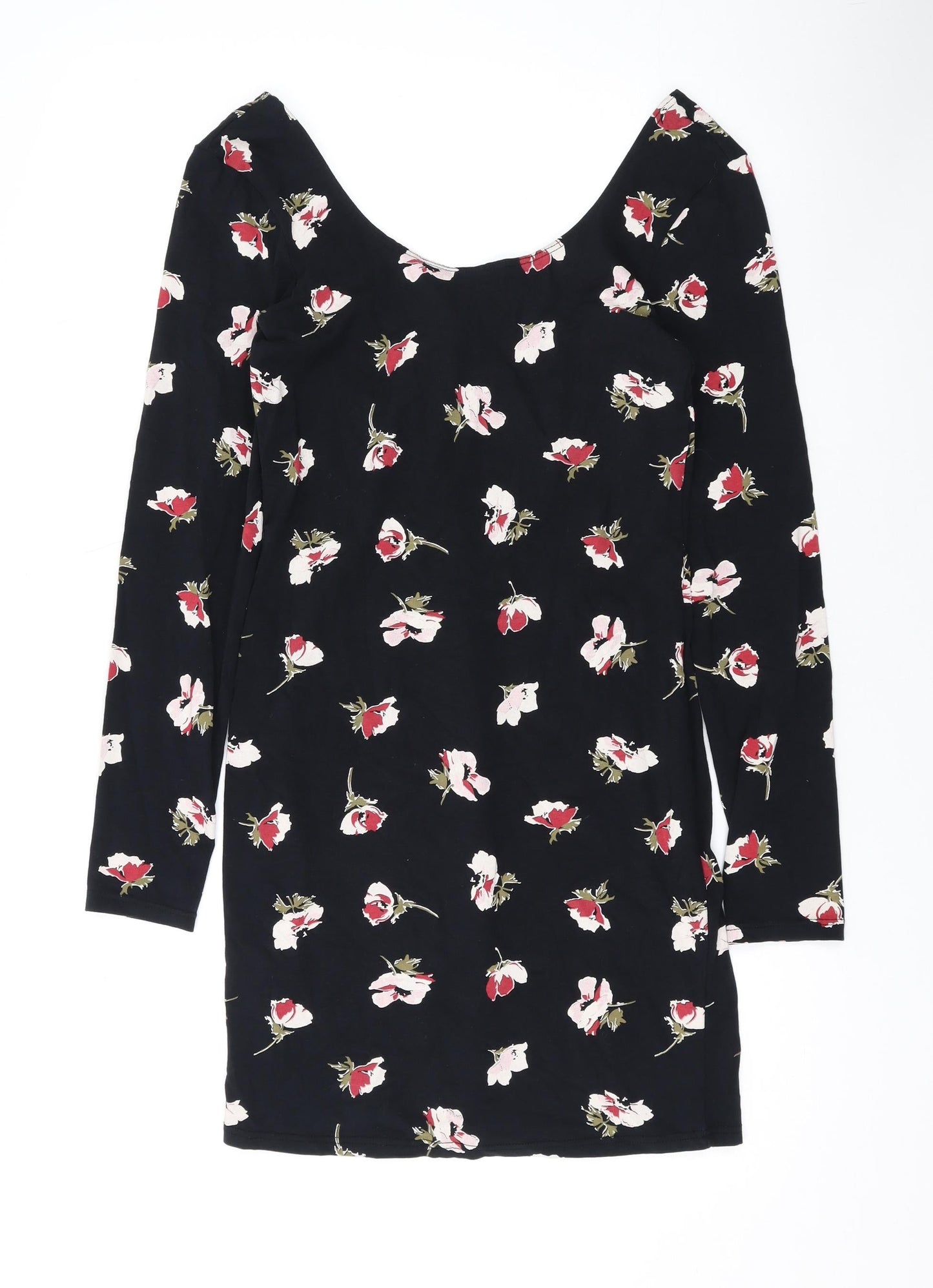 Miss Selfridge Womens Black Floral Cotton Bodycon Size 12 Scoop Neck Pullover