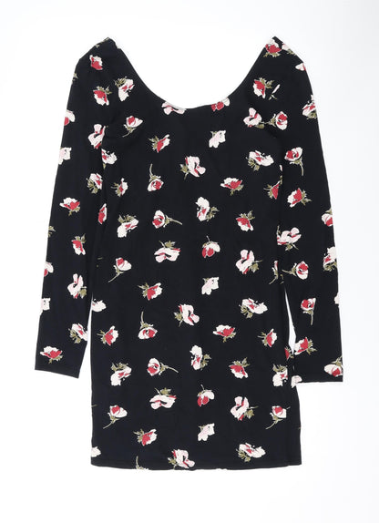 Miss Selfridge Womens Black Floral Cotton Bodycon Size 12 Scoop Neck Pullover