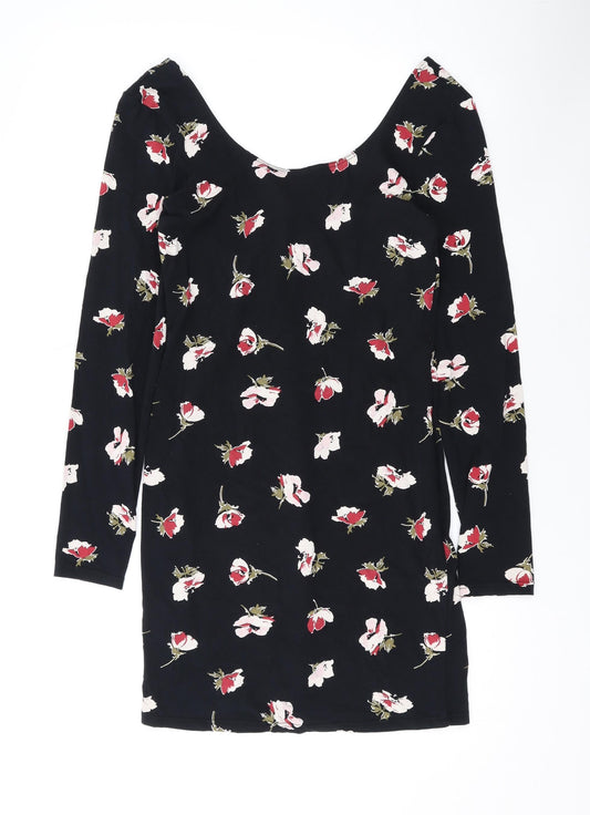Miss Selfridge Womens Black Floral Cotton Bodycon Size 12 Scoop Neck Pullover