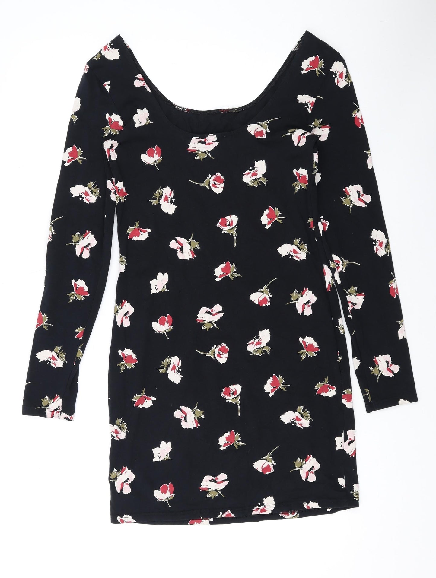 Miss Selfridge Womens Black Floral Cotton Bodycon Size 12 Scoop Neck Pullover