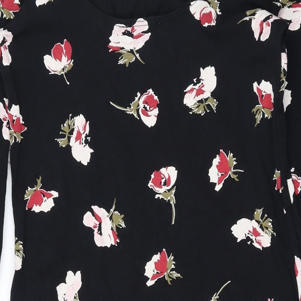 Miss Selfridge Womens Black Floral Cotton Bodycon Size 12 Scoop Neck Pullover