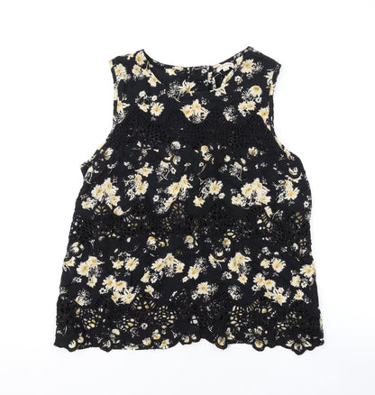River Island Womens Black Floral Cotton Basic Tank Size 10 Round Neck