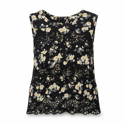 River Island Womens Black Floral Cotton Basic Tank Size 10 Round Neck