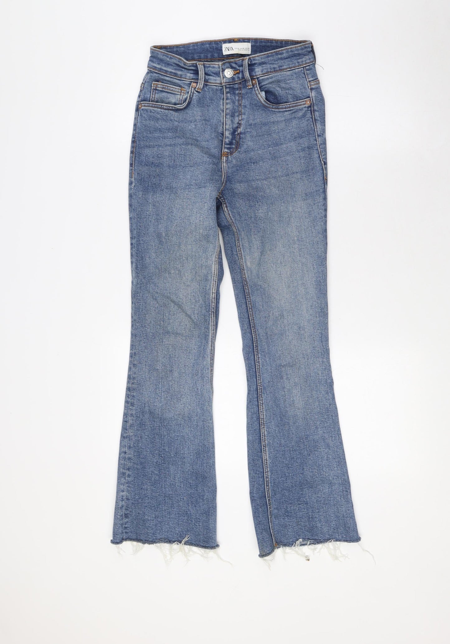 Zara Womens Blue Cotton Bootcut Jeans Size 6 L27 in Regular Zip - Raw Hem , Angle
