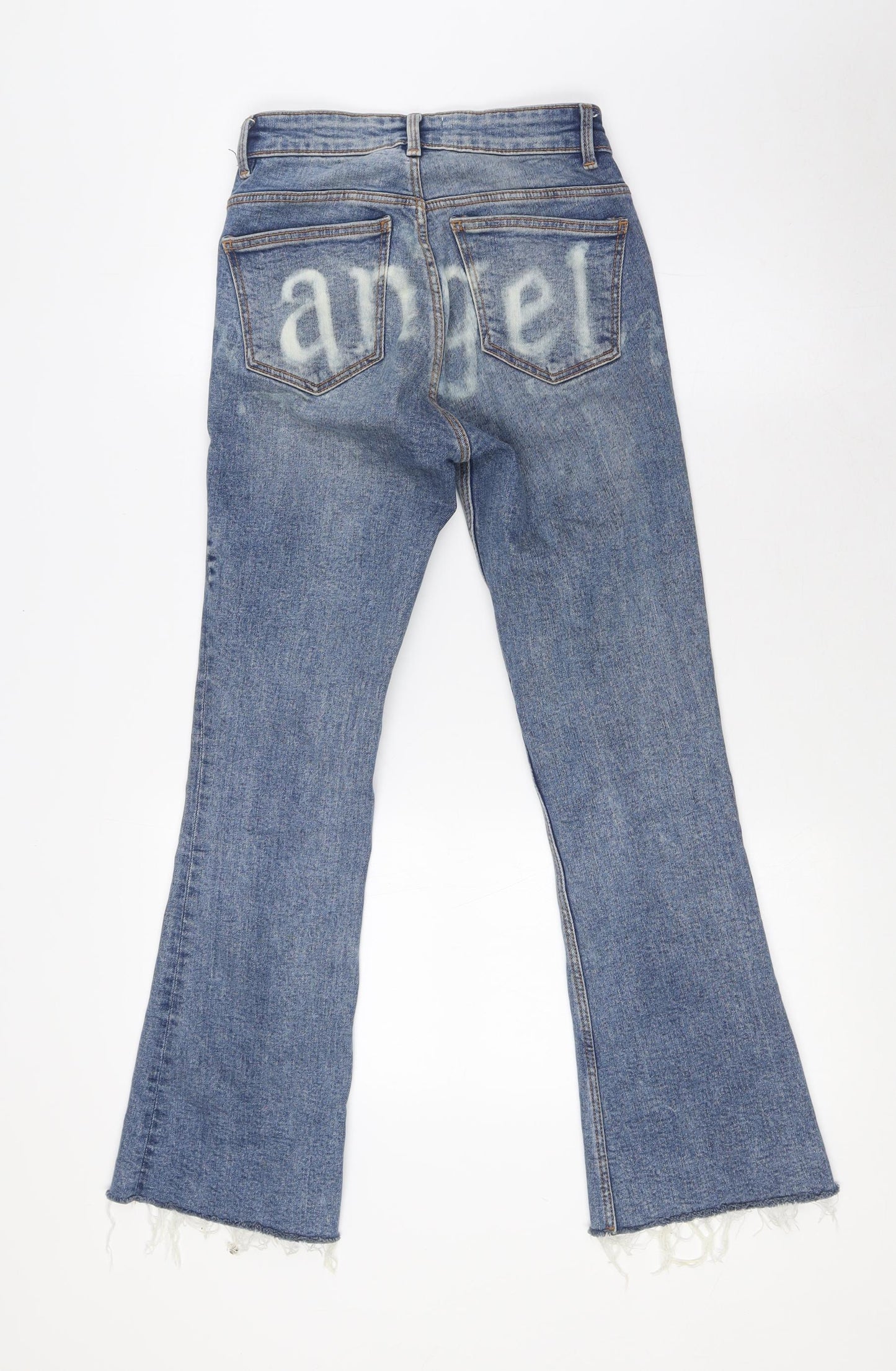 Zara Womens Blue Cotton Bootcut Jeans Size 6 L27 in Regular Zip - Raw Hem , Angle