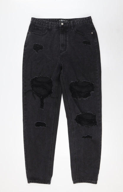 PRETTYLITTLETHING Womens Black Cotton Wide-Leg Jeans Size 12 L31 in Regular Zip