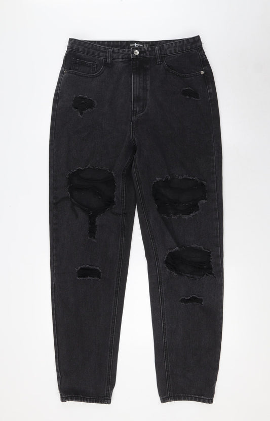 PRETTYLITTLETHING Womens Black Cotton Wide-Leg Jeans Size 12 L31 in Regular Zip