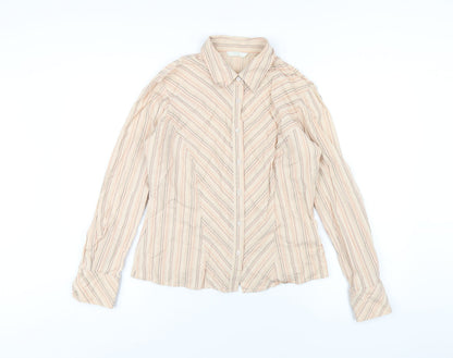 Marks and Spencer Womens Beige Striped Cotton Basic Button-Up Size 12 Collared