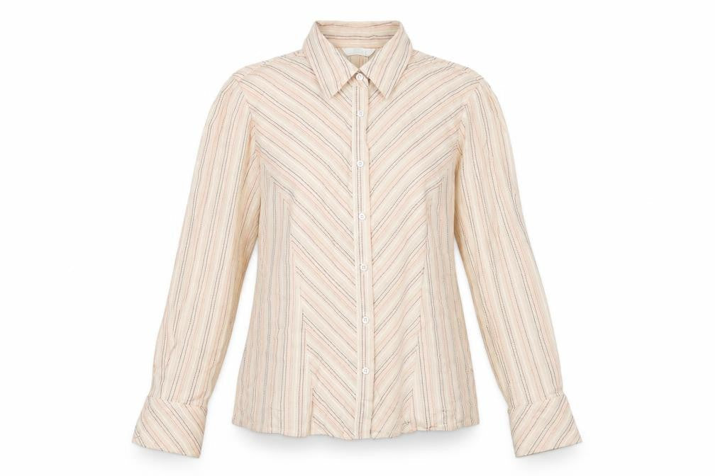 Marks and Spencer Womens Beige Striped Cotton Basic Button-Up Size 12 Collared