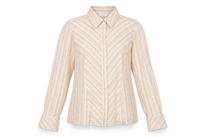 Marks and Spencer Womens Beige Striped Cotton Basic Button-Up Size 12 Collared