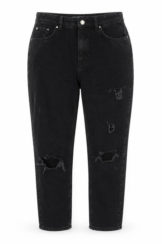 Front view of Denim & Co. women’s black cotton mom jeans, size UK 10, 30-inch leg regular zip