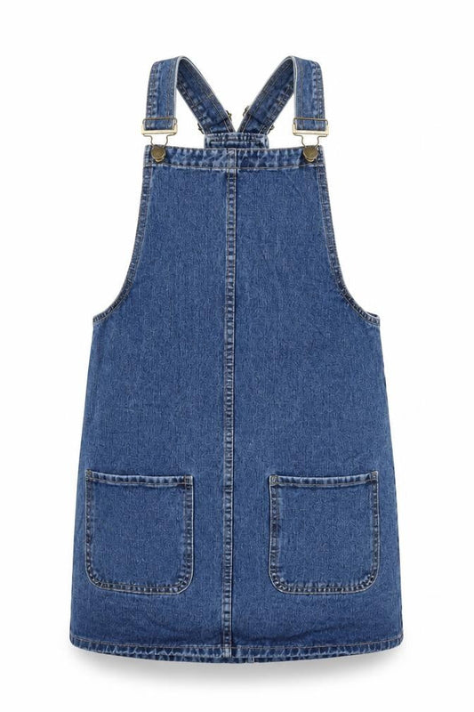 Front view of Denim & Co. women’s blue cotton pinafore/dungaree dress, size UK 8, square neck buckle