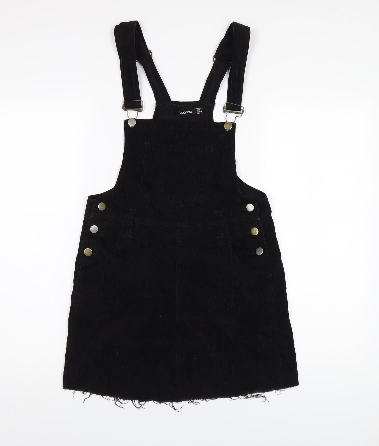 Boohoo Womens Black Cotton Pinafore/Dungaree Dress Size 8 Square Neck Buckle