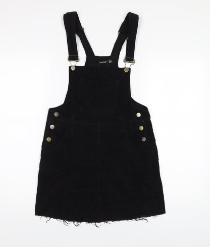 Boohoo Womens Black Cotton Pinafore/Dungaree Dress Size 8 Square Neck Buckle