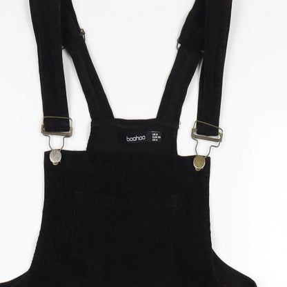 Boohoo Womens Black Cotton Pinafore/Dungaree Dress Size 8 Square Neck Buckle