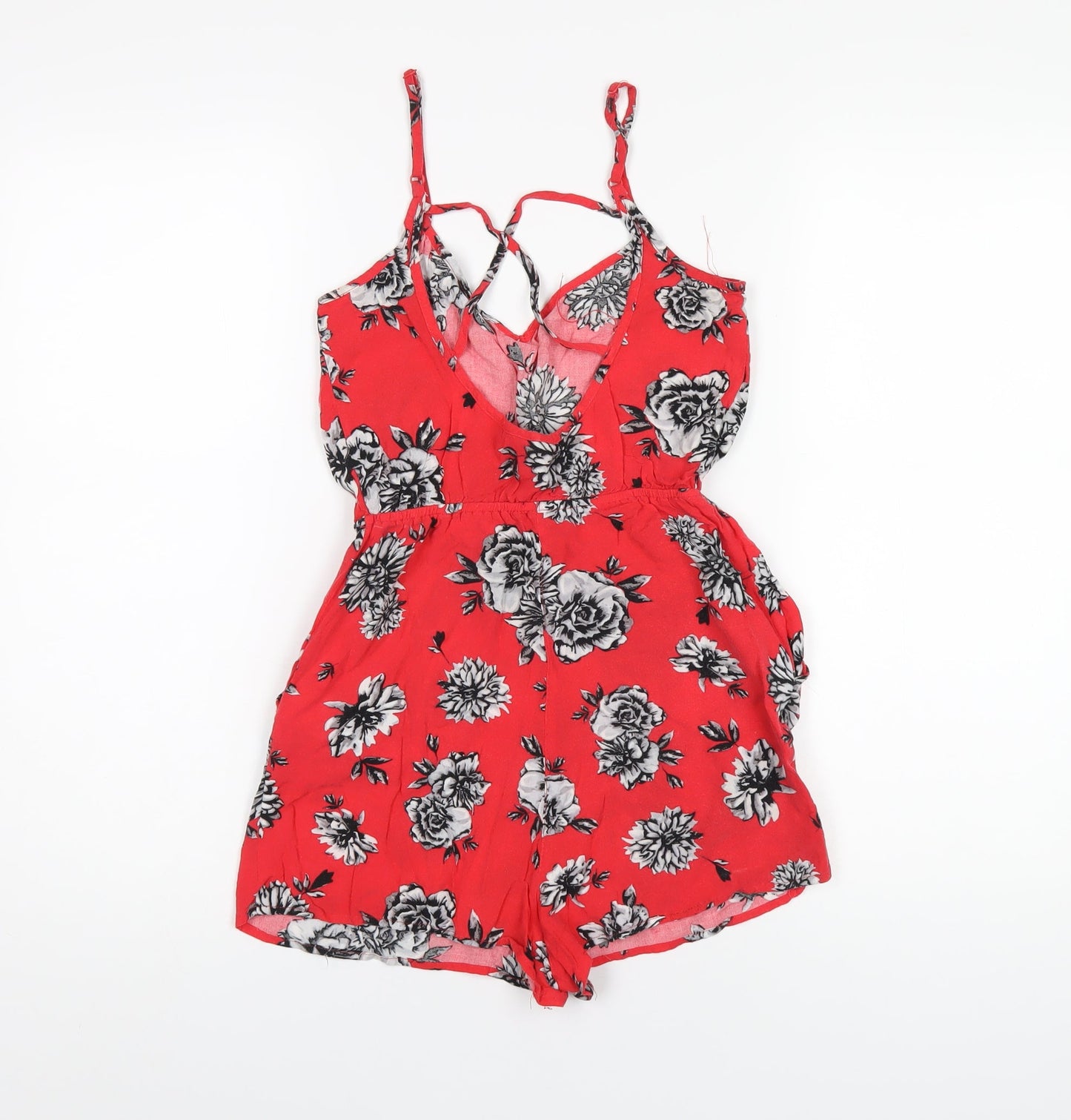 H&M Womens Red Floral Vinyl Playsuit One-Piece Size 8 Pullover