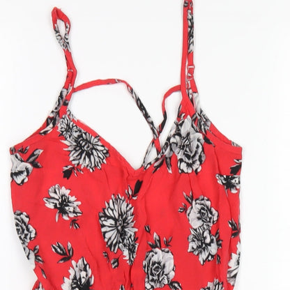 H&M Womens Red Floral Vinyl Playsuit One-Piece Size 8 Pullover