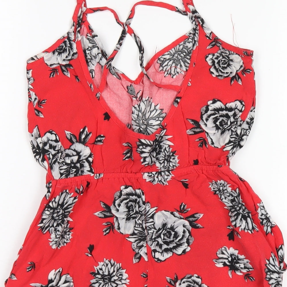 H&M Womens Red Floral Vinyl Playsuit One-Piece Size 8 Pullover