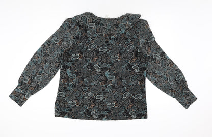 NEXT Womens Black Paisley Polyester Basic Button-Up Size 16 V-Neck