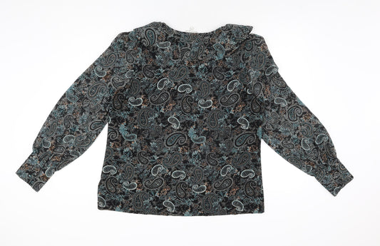NEXT Womens Black Paisley Polyester Basic Button-Up Size 16 V-Neck