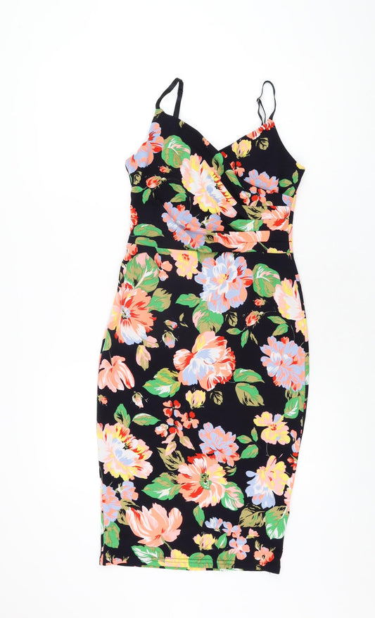 New Look Womens Black Floral Polyester Bodycon Size 10 V-Neck Pullover