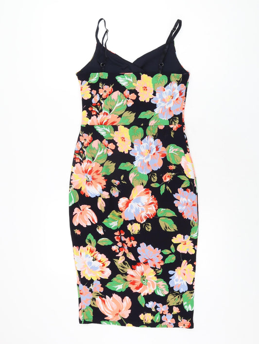 New Look Womens Black Floral Polyester Bodycon Size 10 V-Neck Pullover