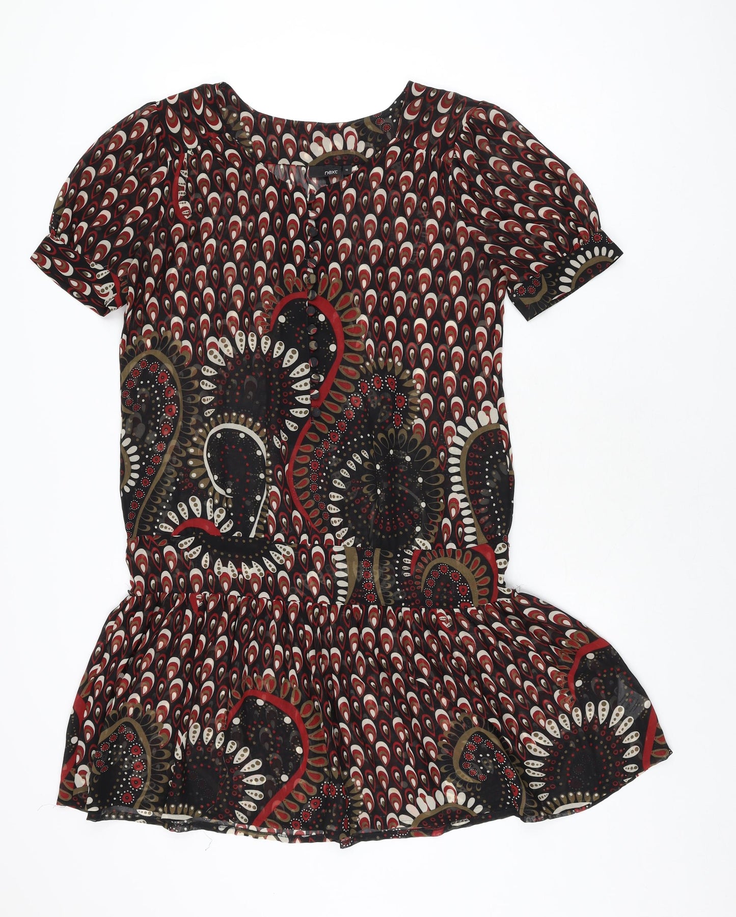 NEXT Womens Black Geometric Polyester Shift Size 10 Round Neck Button